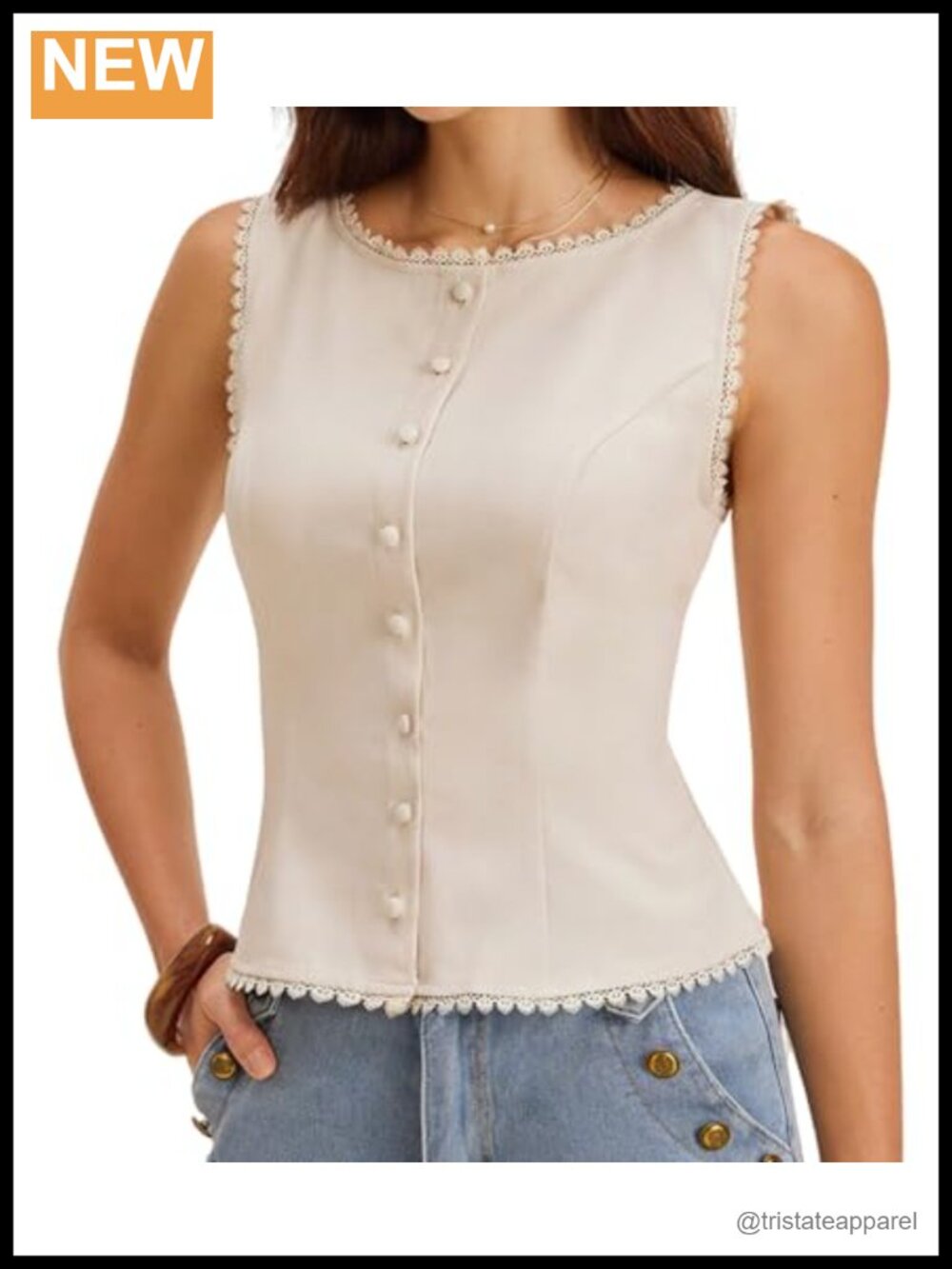 RIHOAS Womens Sleeveless Button Down Blouse Lace Trim Work Top